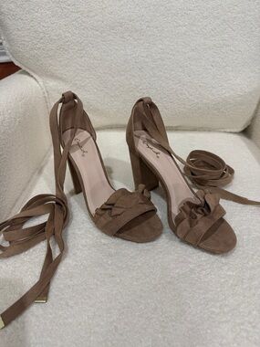 Qupid Brown Suede Ruffle Lace-Up Block Heel Sandals
